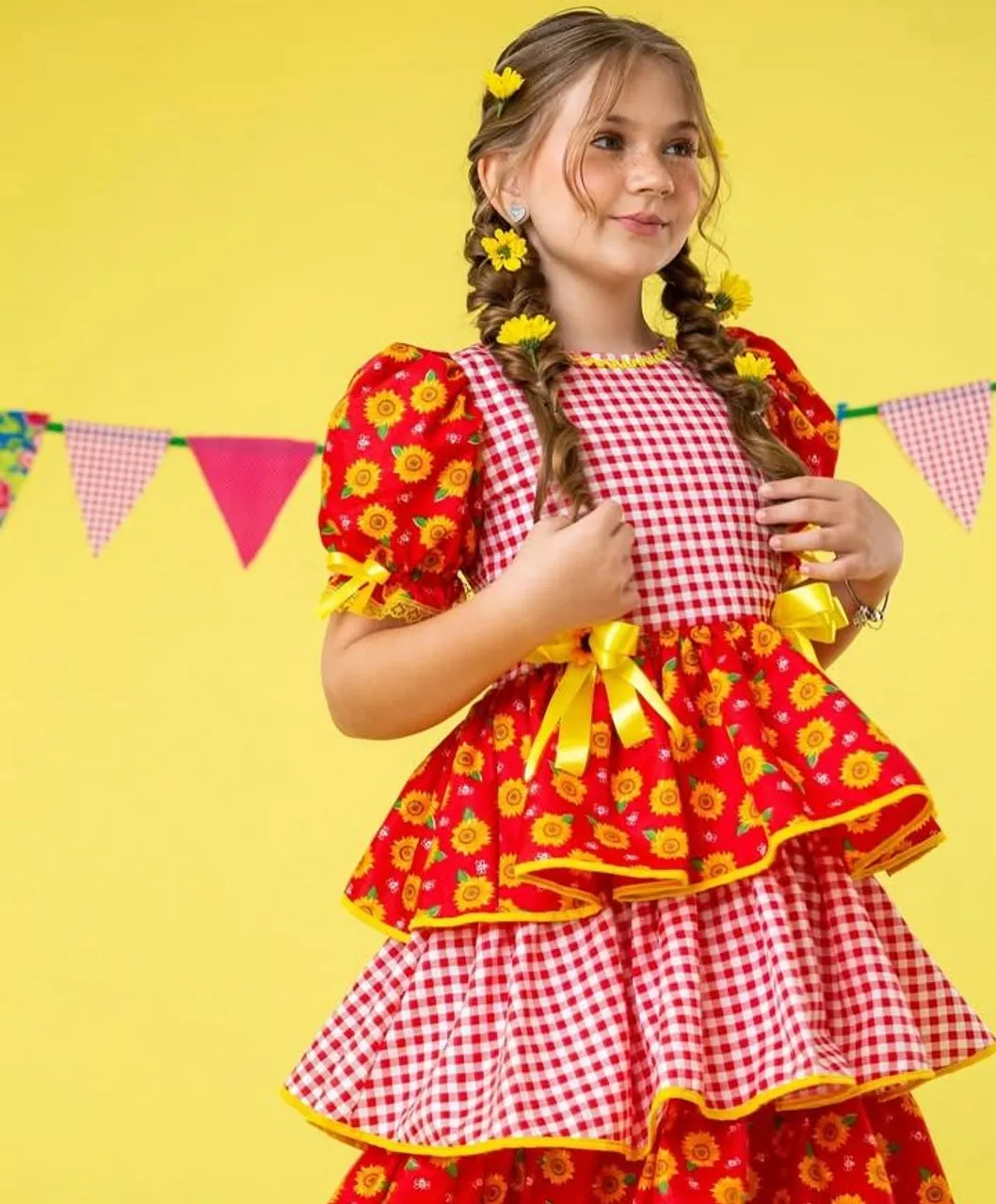 Vestido Festa Junina Infantil com Girassóis