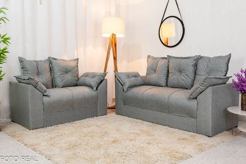 Conjunto Sofá 2 e 3 Lugares Linho Cinza