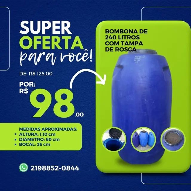 Promoção de Bombona, são Bombonas, Galões, Tambores, Barris, Tonéis 240 litros com tampa
