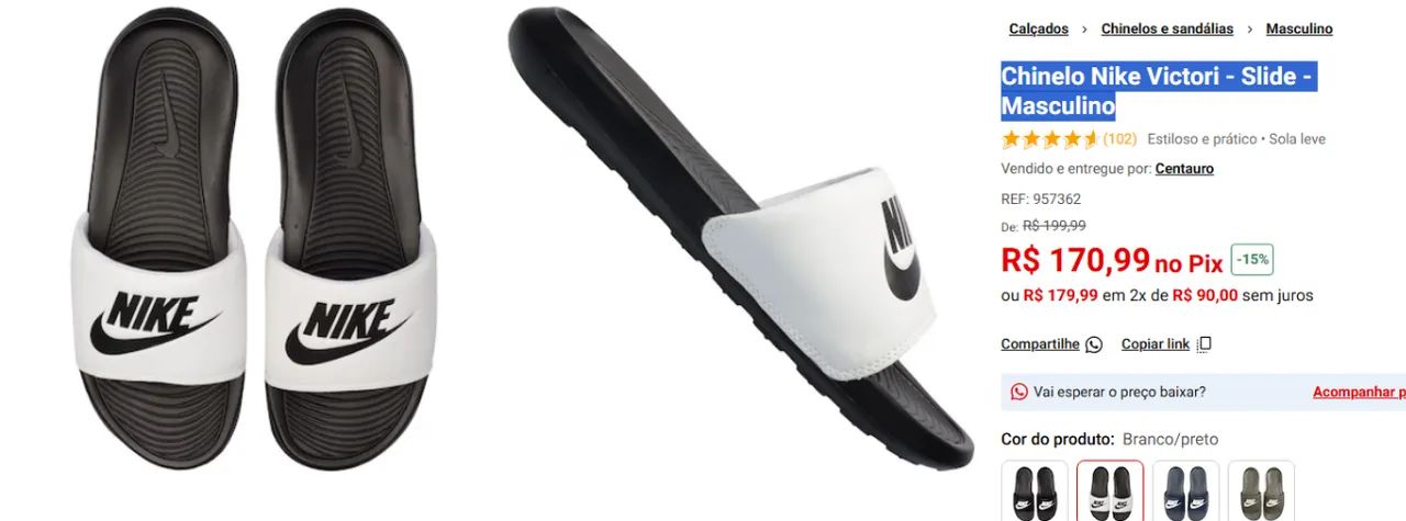 Chinelo Nike Victori Slide Masculino, branco com preto