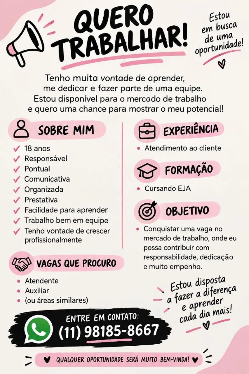 Vaga de emprego, disponibilidade para qualquer cargo