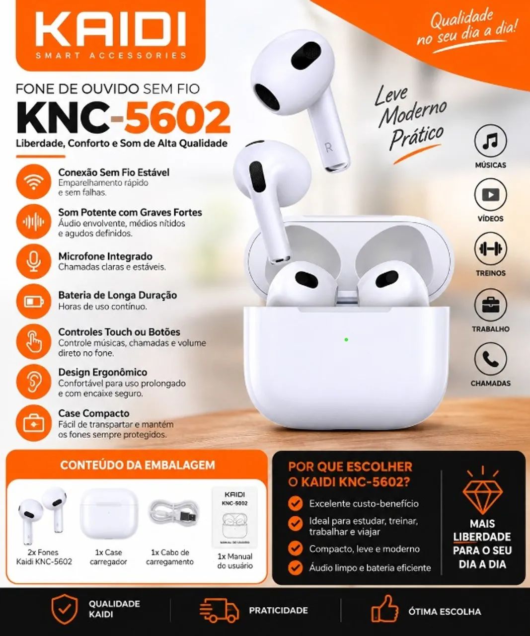 Fone Sem Fio Kaidi KNC-5602 Bluetooth com Case Carregador