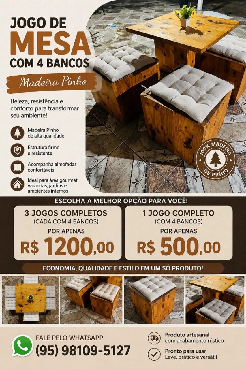 3 Jogos de Mesa com 4 Bancos de Madeira Pinho