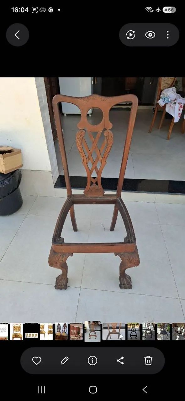 Jogo 8 cadeiras estilo chipandele, pés formato pata