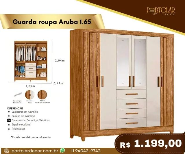Guarda Roupa Aruba 1.65, a pronta entrega 
