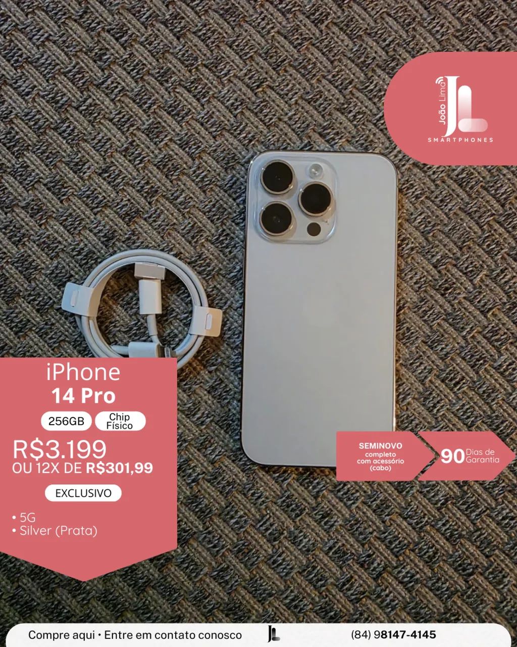 IPHONE 14 PRO, 5G, CHIP FÍSICO, 256GB, SILVER(PRATA), SEMINOVO