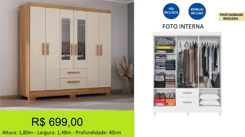 Roupeiro 6 portas com amplo espaço interno - Mega divisão interna - Foto 2