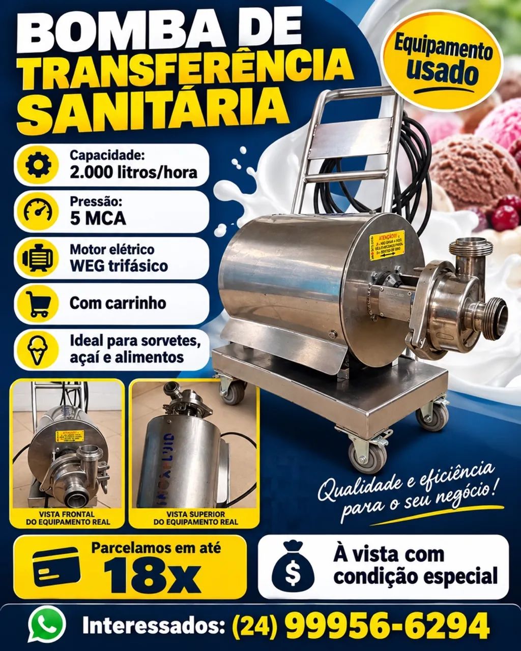 Bomba sanitária 2000 litros hora com carrinho