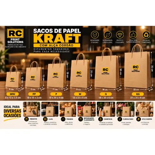 Sacola delivery/presentes com alça de cordão MINI/PP/P/M - Kraft Liso 90g