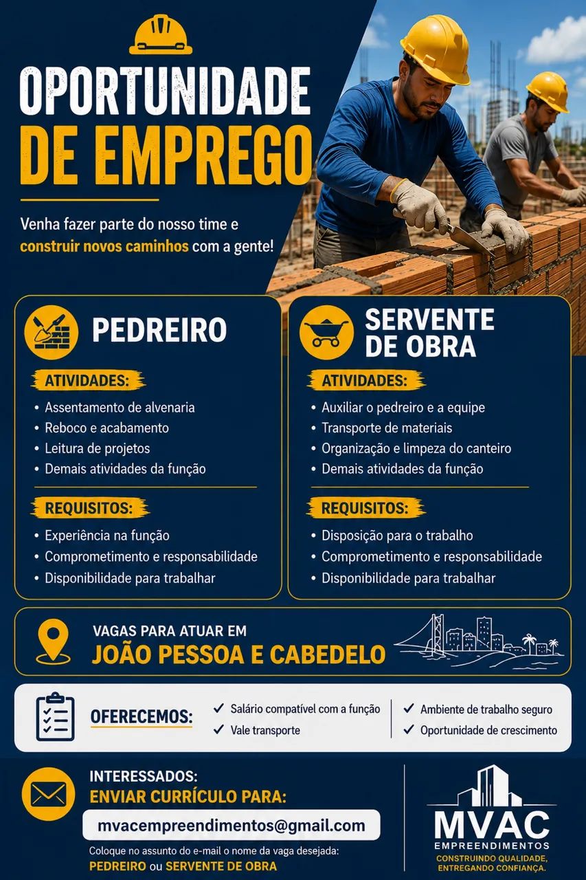 Vaga de Emprego Servente e Pedreiro 