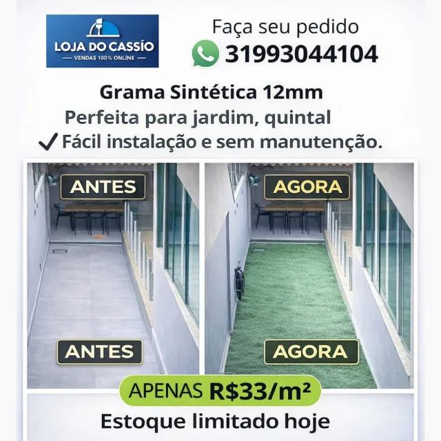 Grama Sintética 12mm Uso Interno e Externo - Entrega Imediata em BH