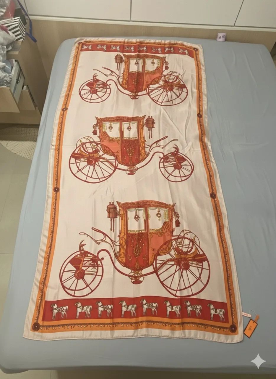 Lenço inspirado da marca francesa Hermes com detalhes em rosa vermelho e laranja carruagem - Foto 5