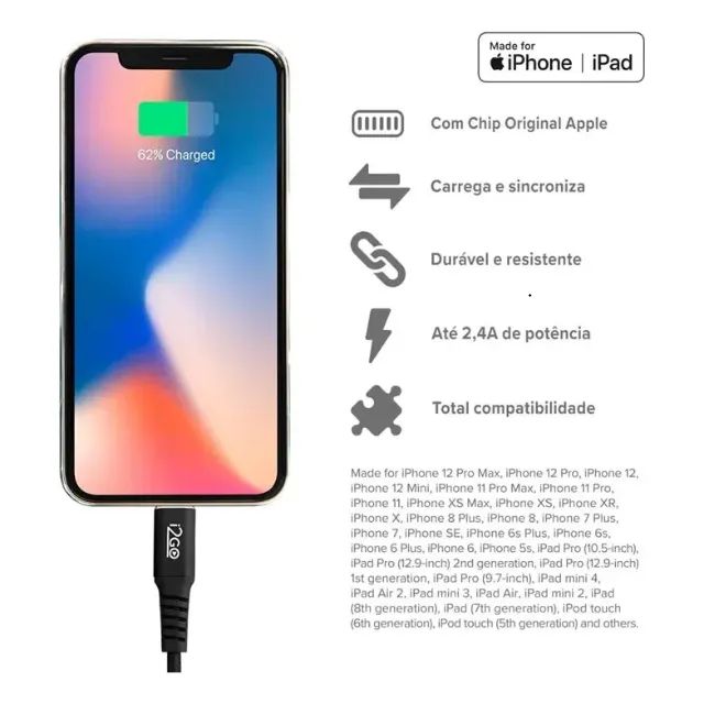 Cabo i2GO Iphone Extra Longo 2m USB Lightning Nylon Trançado Preto  - Foto 4