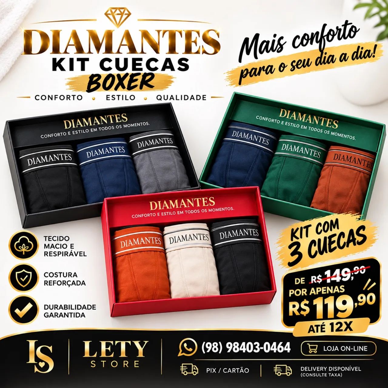 Kit cuecas boxer diamantes 