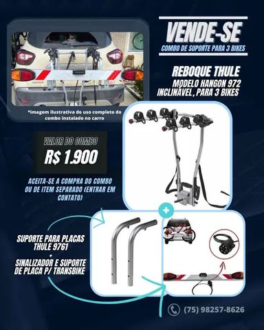 Reboque Thule 3 bikes + Suporte para placas Thule + Régua sinalizadora para transbike