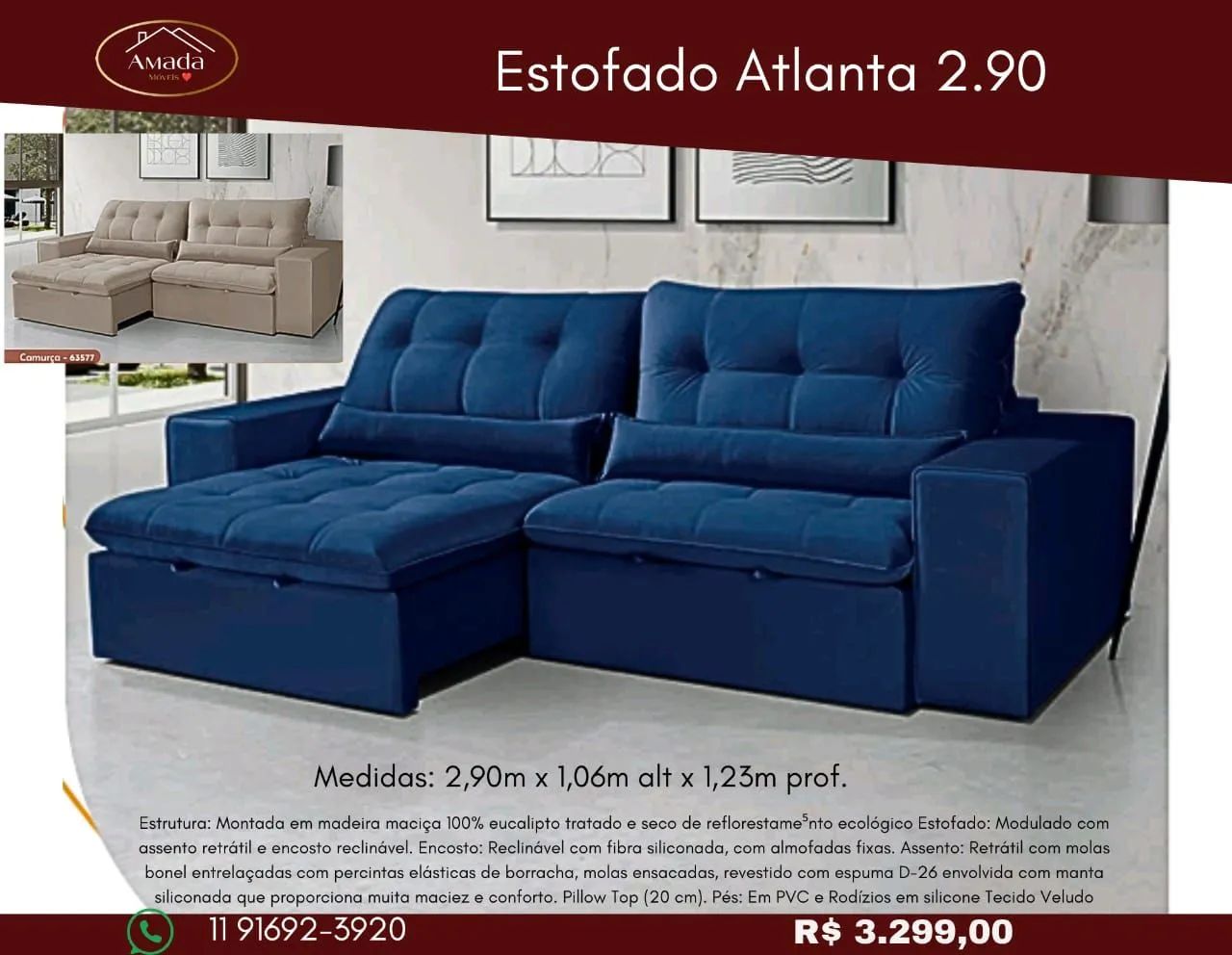 Sofá Retrátil Atlanta 2.90 - entrega em 3 Dias