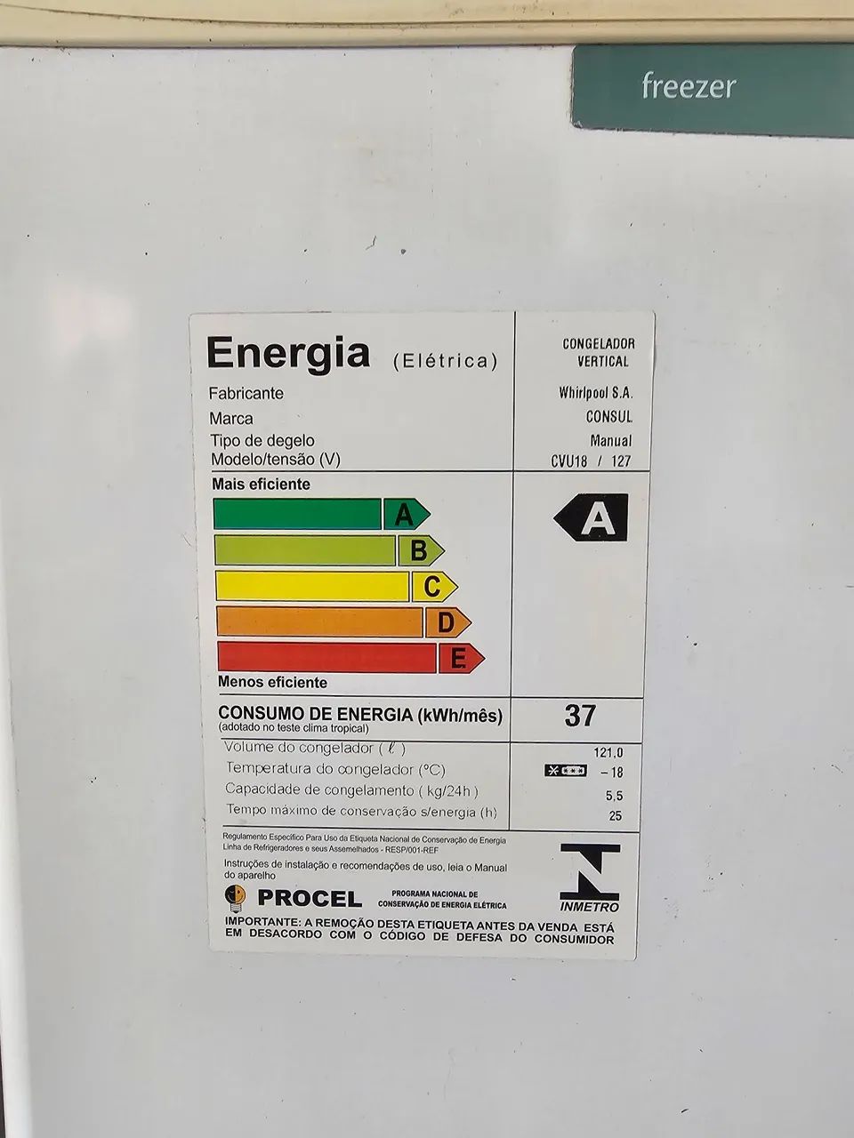 freezer vertical 121l