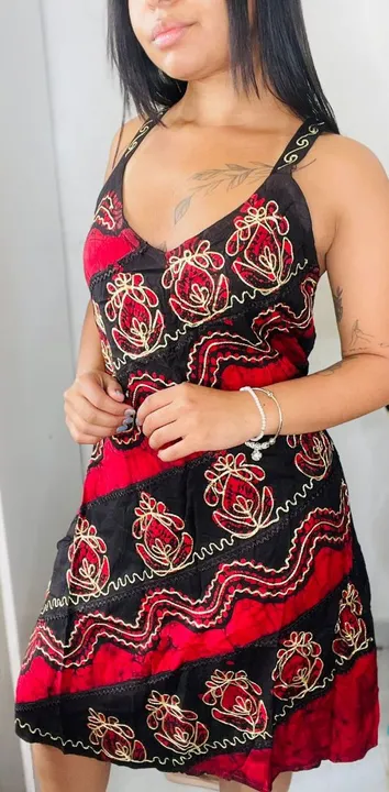 Vestido Longo Floral Vermelho e Preto indiano Stone batik