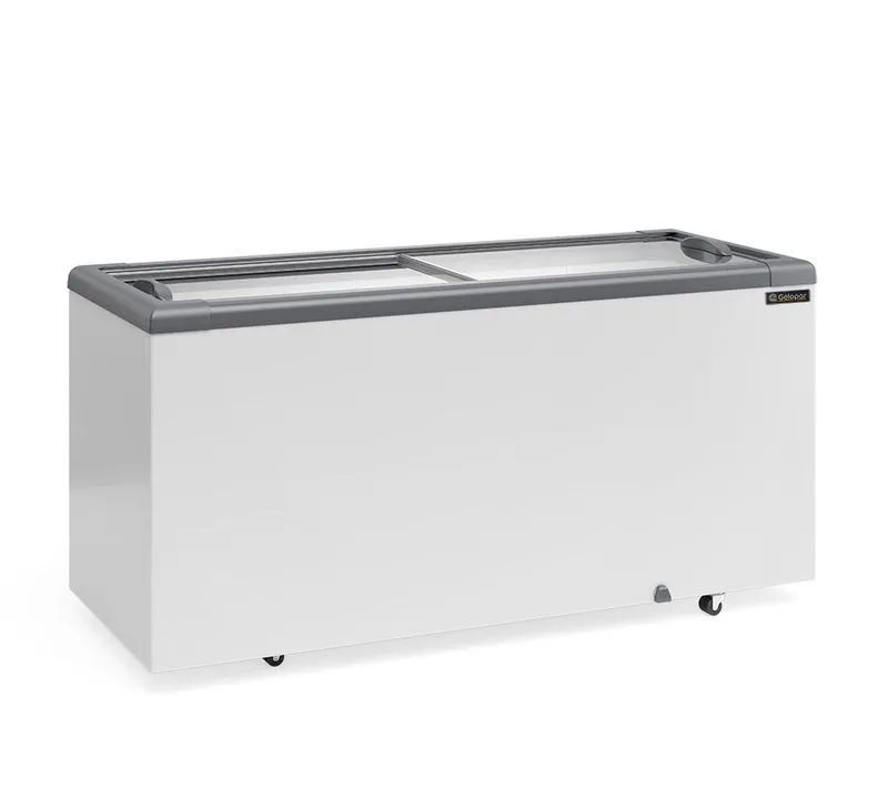 Ac freezer 500lts horizontal tampo de vidro Gelopar 