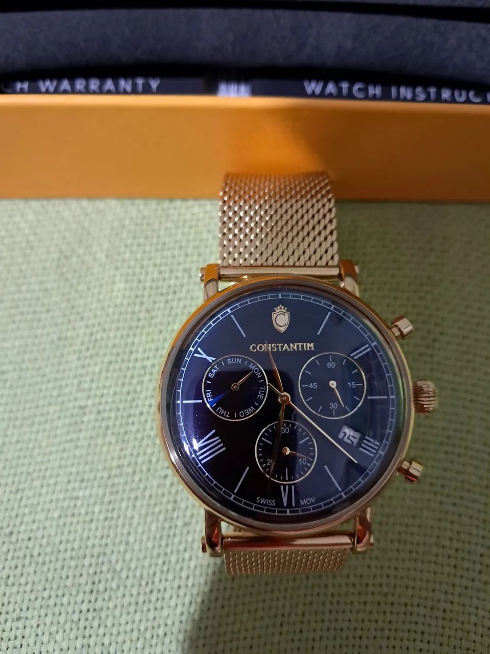 Relogio CONSTANTIM em plaquet ouro, cronografo, com data, certificado e documento