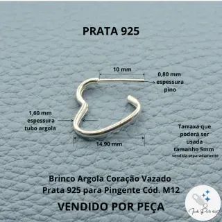 Base de Brinco Argola Coração Prata 925 - Foto 5