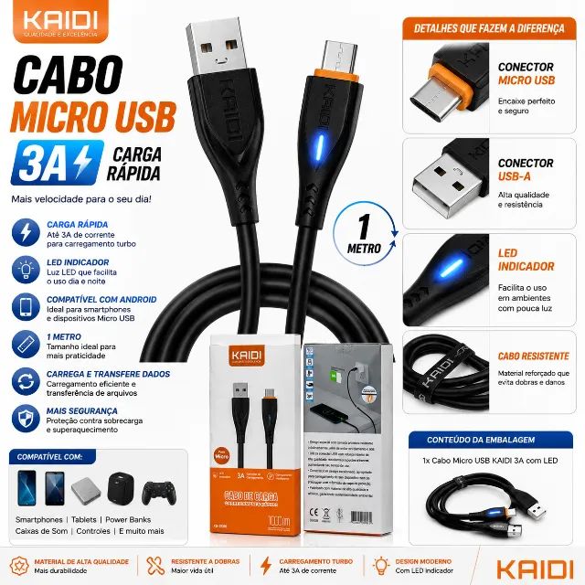 Cabo de Carga Rápida KAIDI Micro USB 3A com LED - 1 Metro - Foto 2