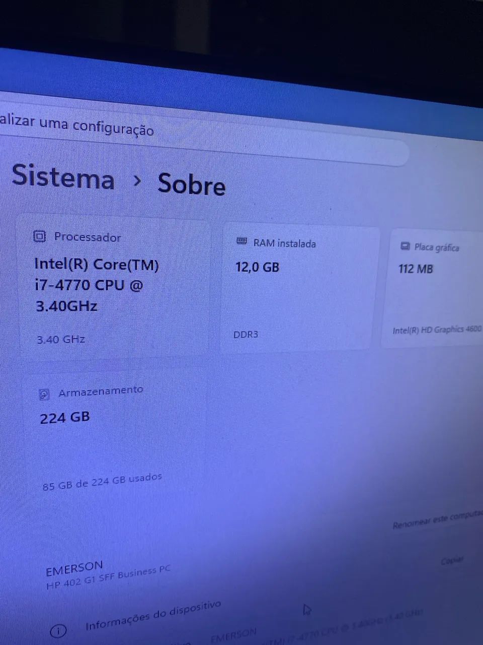CPU I7 4770 3.3 GHz  12 DE RAM SSD 224 