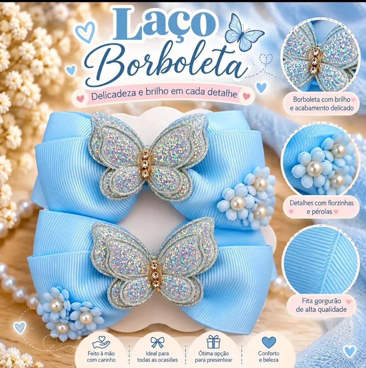 Par de Laços Infantis Azul-Bebê com Borboletas e Glitter