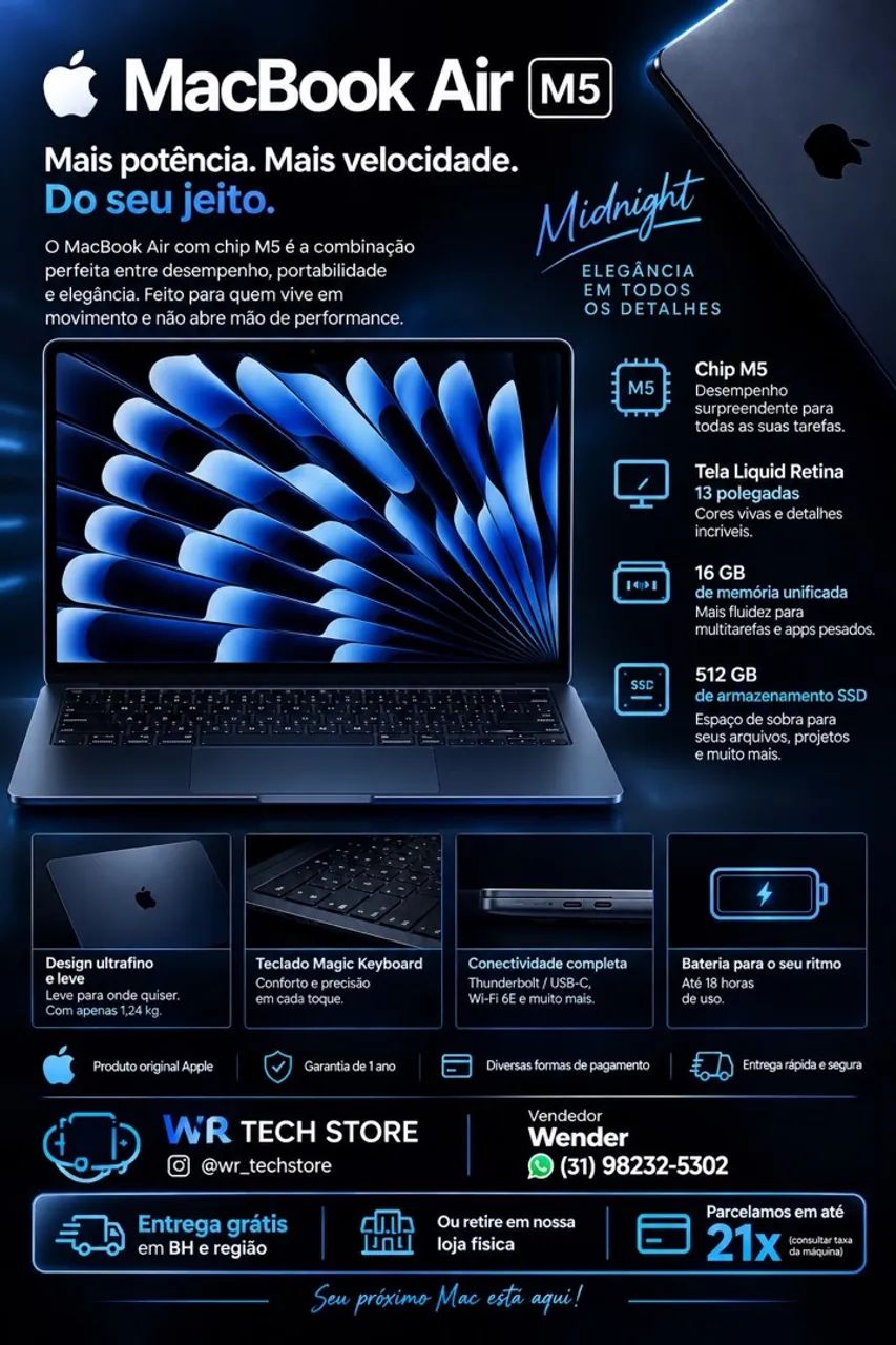 MacBook Air m5 Midnight  13 polegadas  16/512GB novo lacrado 
