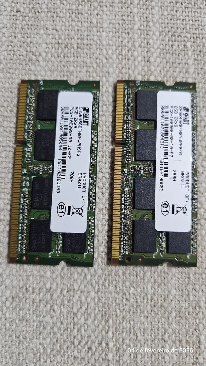 2 Memórias RAM Notebook 2GB Cada