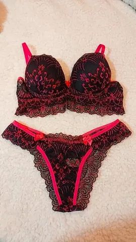 Red/fuchsia/black lace bra Push up - Depop