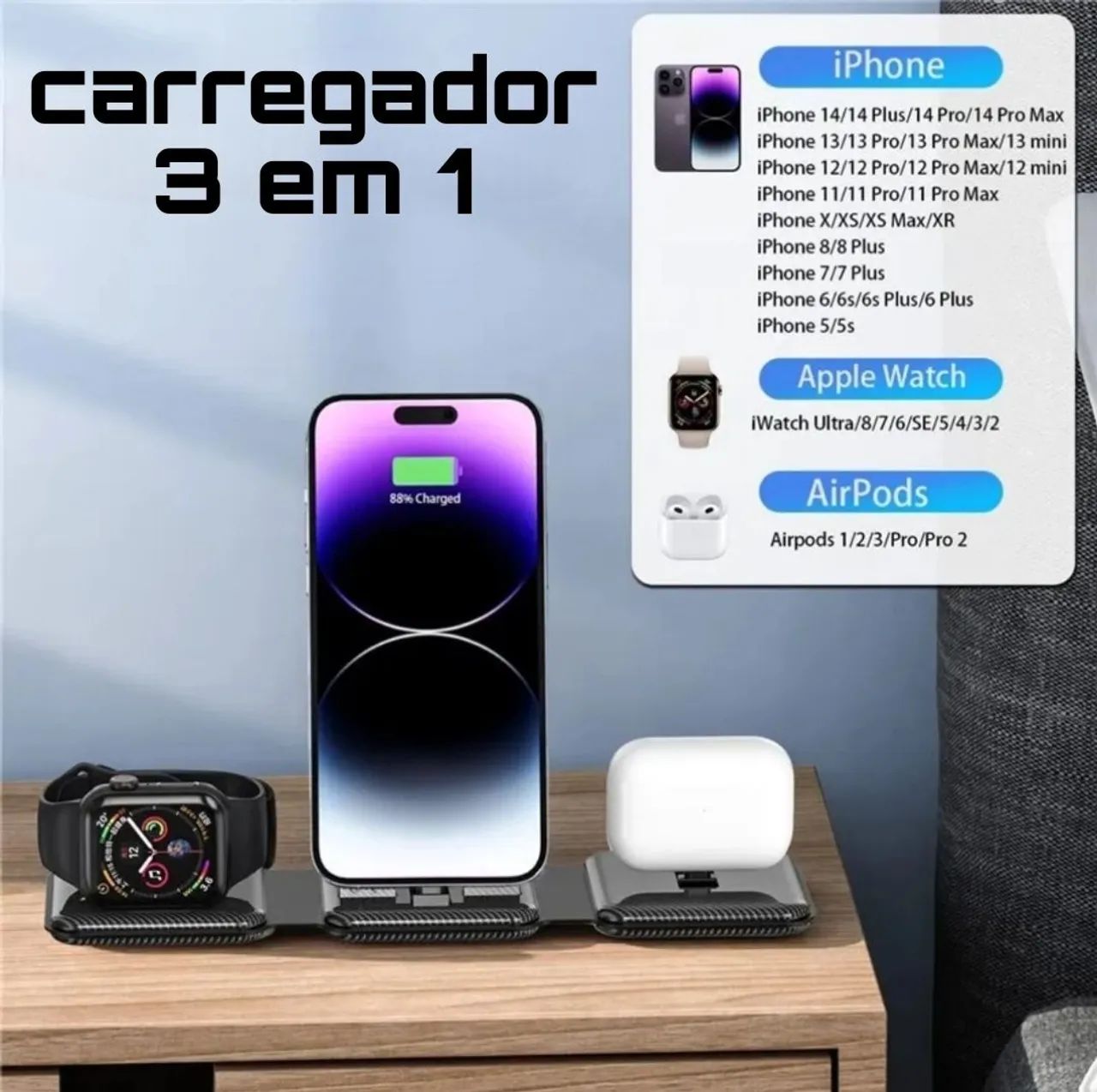 Carregador 3 em 1 para iPhone, Apple Watch e AirPods - Novo