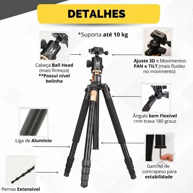 TRIPÉ PROFISSIONAL COM BRAÇO HORIZONTAL ALUMÍNIO - Foto 5