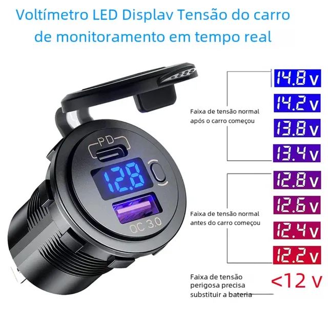 Carregador/Tomada Veicular 48w c/ Voltímetro Led USB/Tipo C PD 3.0 QC 12v/24v - Foto 4