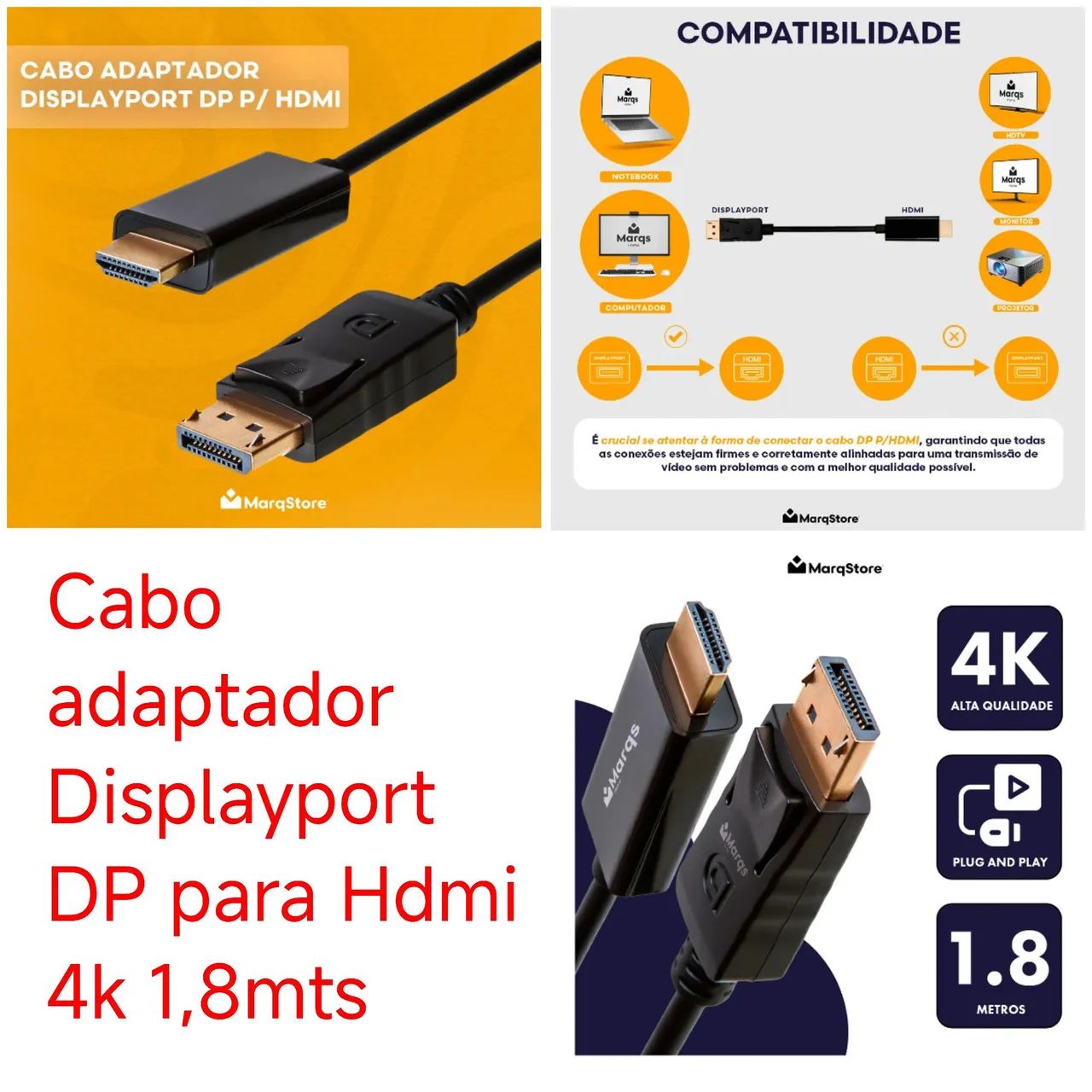 Cabo Displayport 1,8m DP para Hdmi 4k 