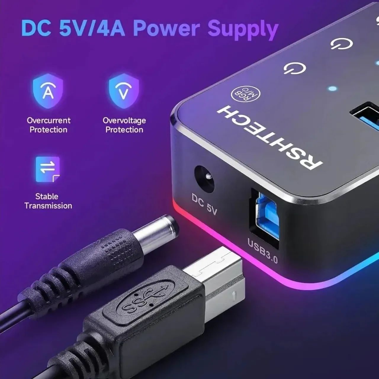 Hub USB Rshtech 5gbps 7 Portas USB 3.0 com LED RGB - Foto 5
