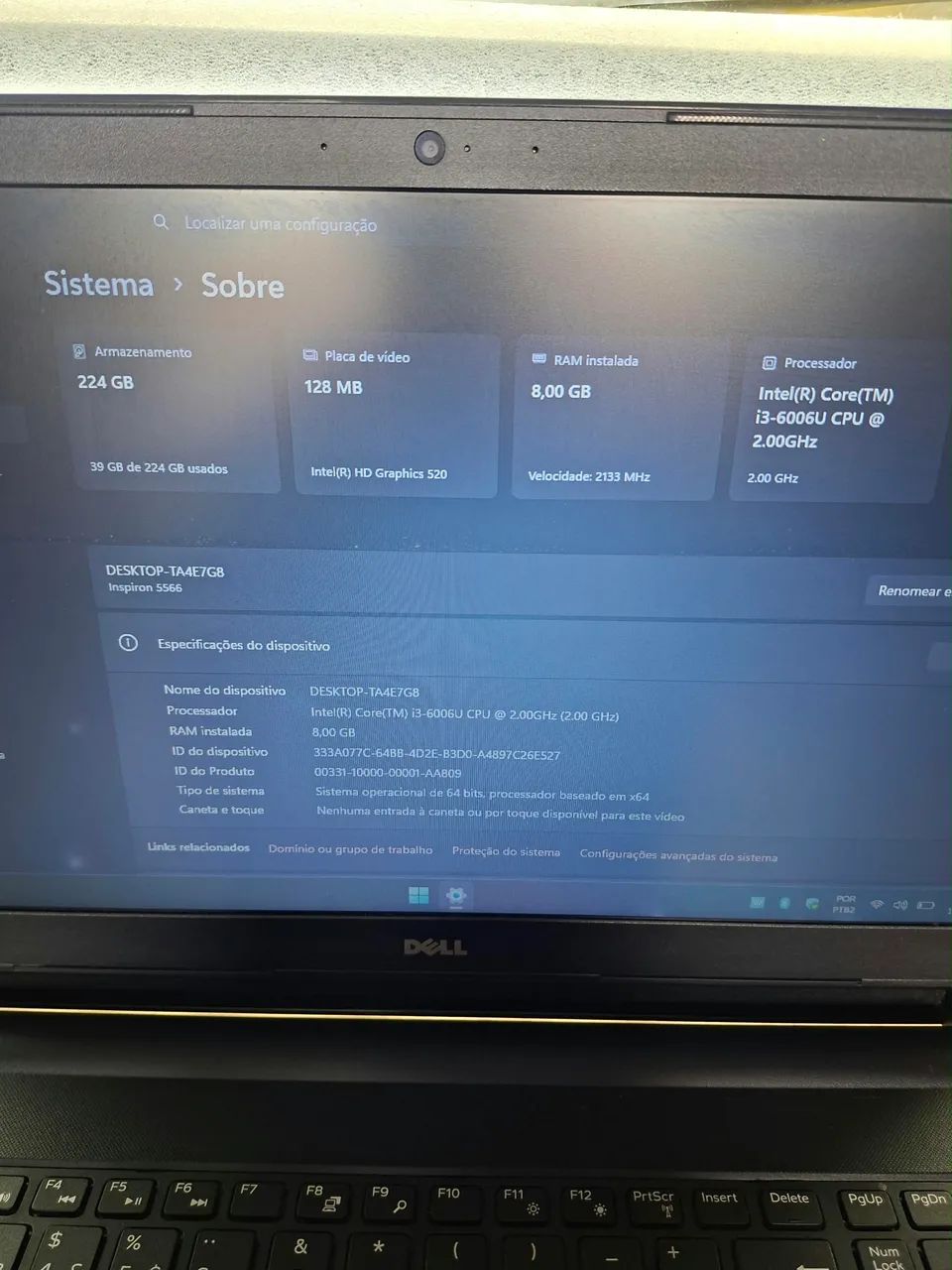 Notebook Dell 15.6"|Intel Core i3 6006u|SSD 240GB|8GB RAM DDR4|
