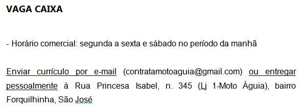 Vaga de Caixa - loja de peças 