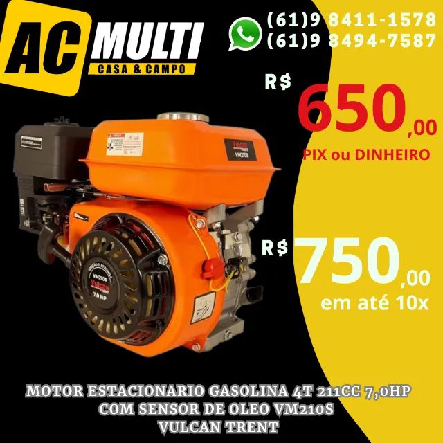 MOTOR ESTACIONARIO GASOLINA 4T 211CC 7,0HP COM SENSOR DE OLEO VM210S VULCAN TRENT