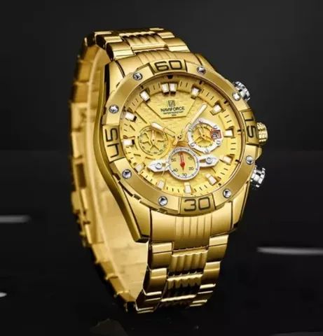 Relógio Masculino Dourado Com Data e Cronógrafo 