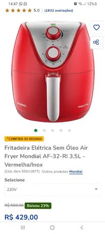 Fritadeira Elétrica Air Fryer Mondial 5L Vermelho/Inox