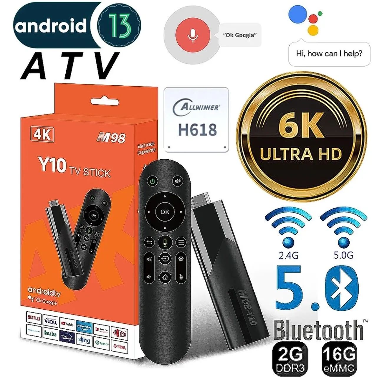 Mini TV Stick, Android 13, Quad Core, BT5.2, Controle Por Voz