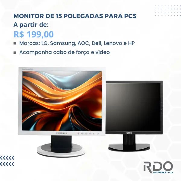 Monitor 15" seminovo LCD (Dell, AOC, HP)