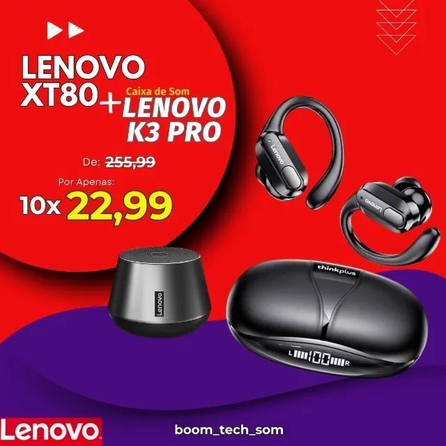 Fone Bluetooth Lenovo XT80 + Som Portátil Lenovo K3 Pro | Garantia | Pronta Entrega