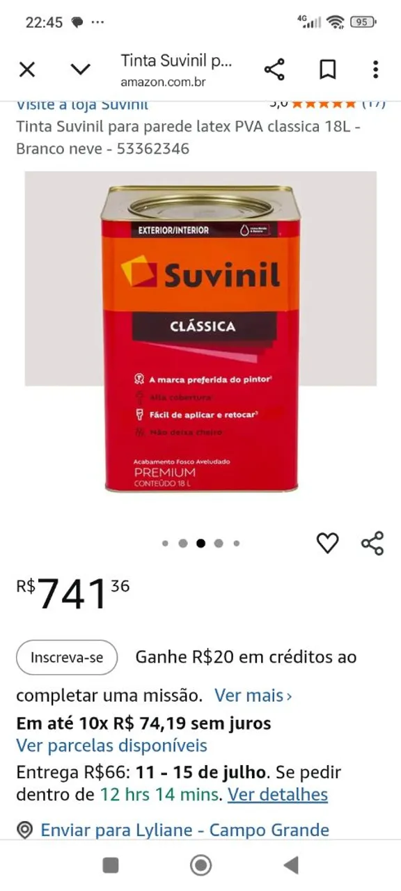 Tinta Suvinil para Parede Latex PVA Clássica 18L