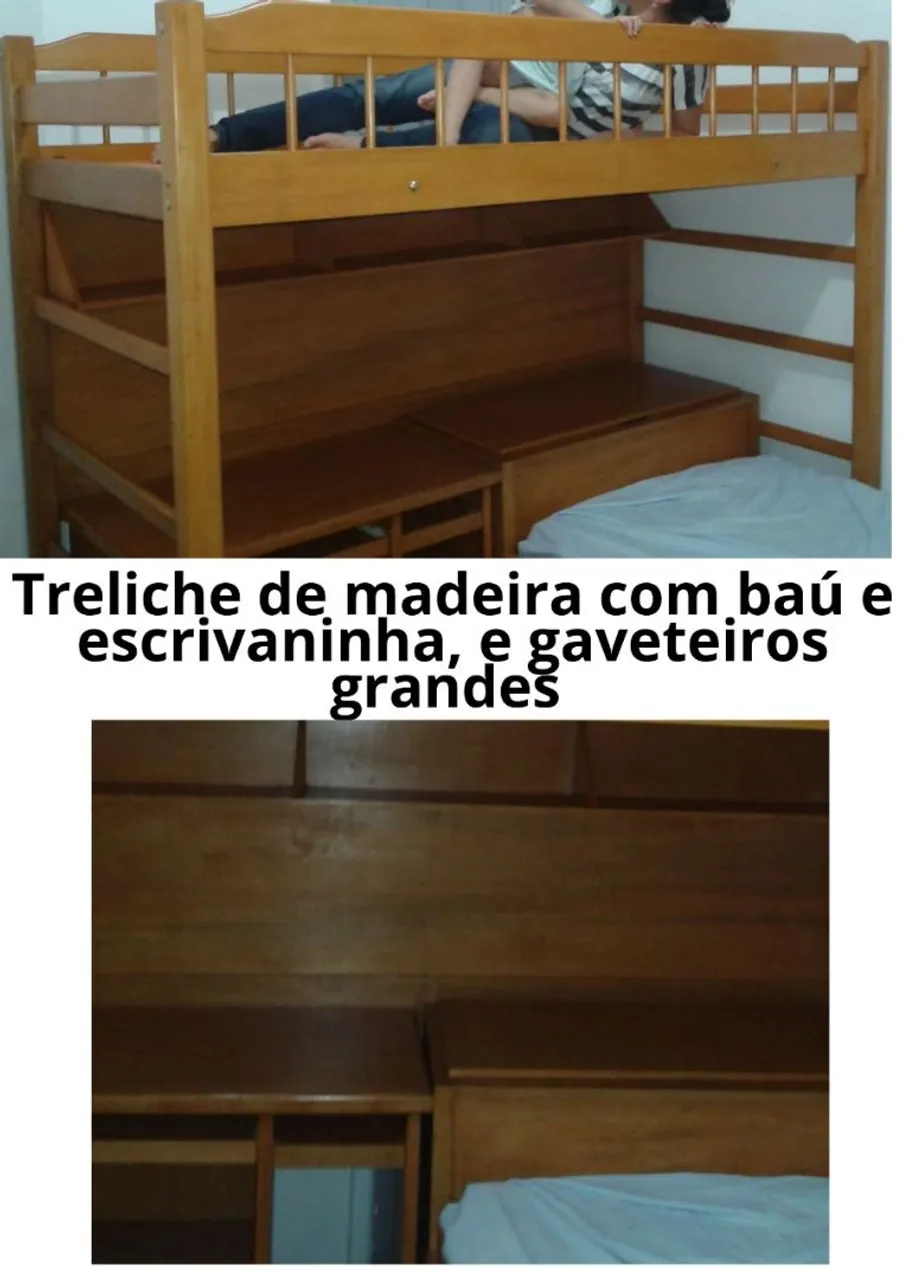 Treliche de madeira com baú e escrivaninha