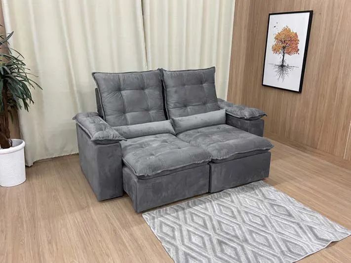 Sofá Retrátil 2 Lugares 200cm Veludo Cinza