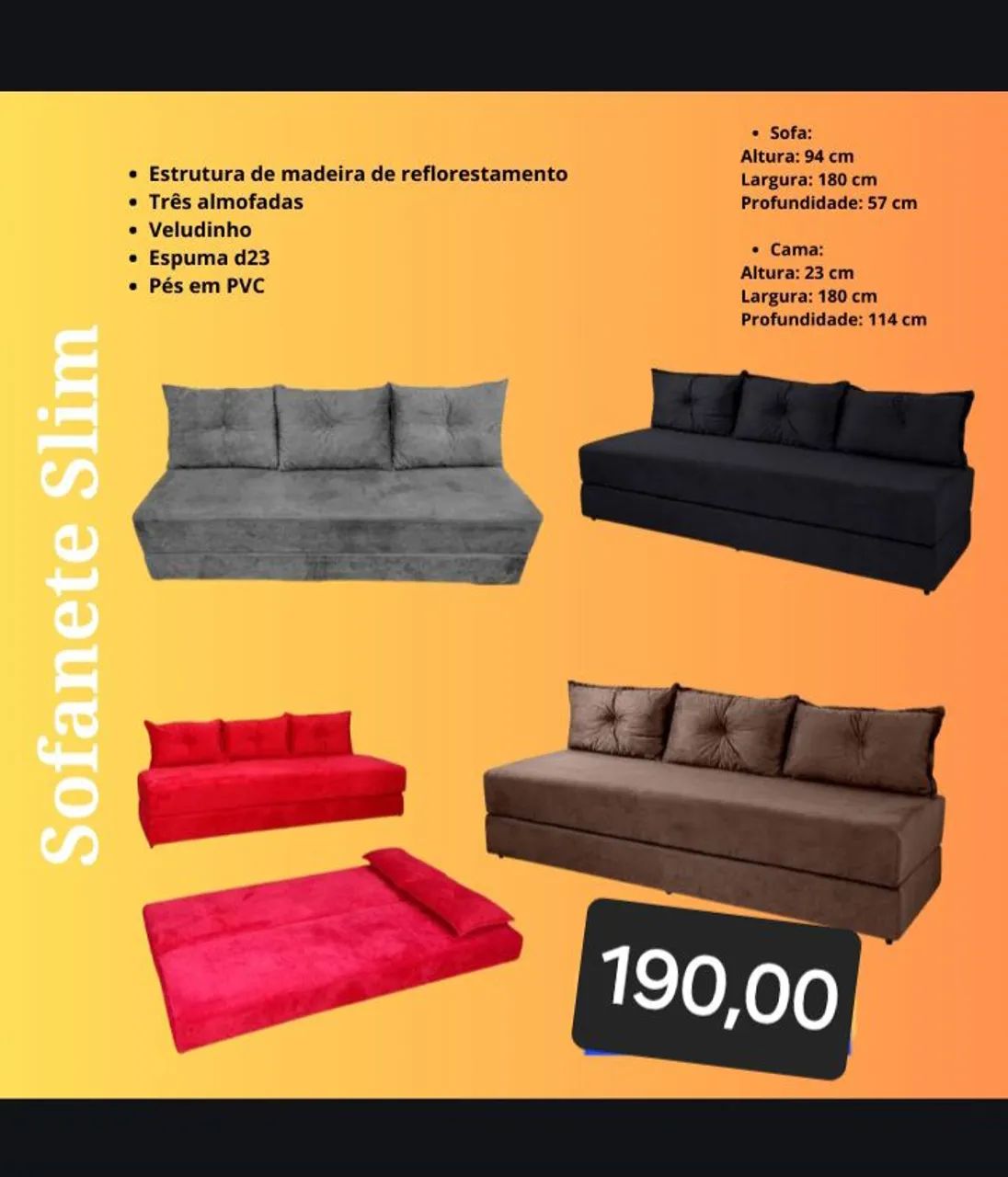 Sofá Cama Slim - 3 Lugares - Novo