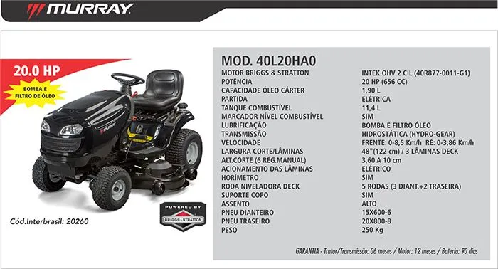 Trator Cortador de Grama Murray 40L20HA0 15.5HP