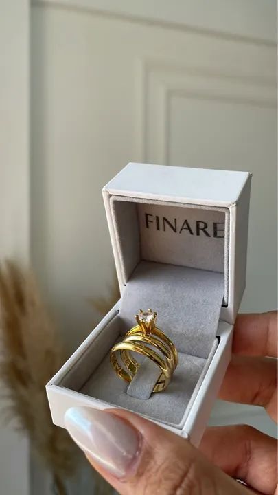 Par de aliança Iracema com anel solitário na Prata banhado a Ouro - 3 milímetros  - Foto 2